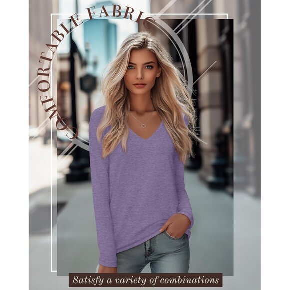 Women's Long Sleeve V Neck Tees Pack Basic Casual Loose Fit Top Outfits - Picture 3 of 4
